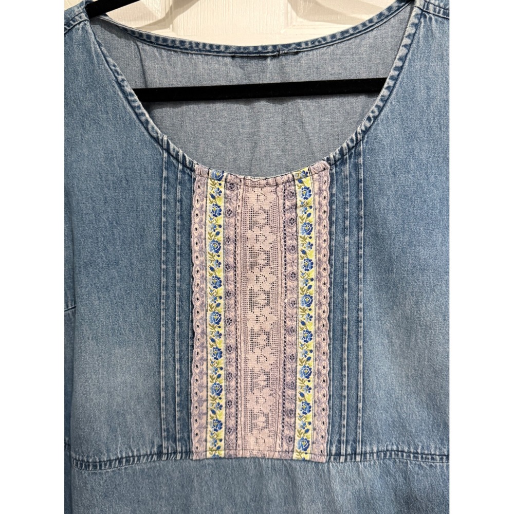 VTG Denim Jumper Dress Floral Lace Bib Midi Sleeveless Blue Cotton 90s XL 2XL - Picture 2 of 4